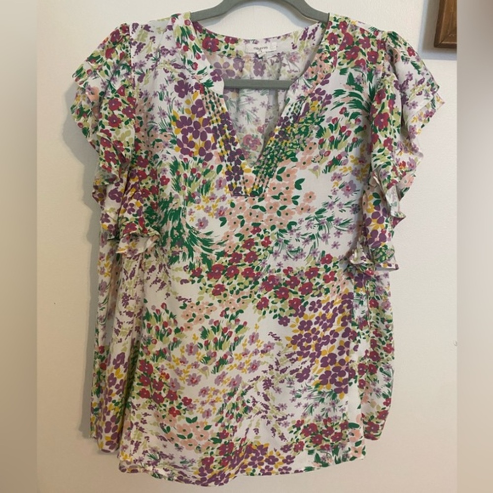 Maurices White and Green Floral Ruffled Blouse